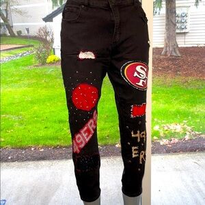 Women’s UPCYCLED HAND CRAFTED 49ers Themed Black Jeans TAHARI Sz 14P